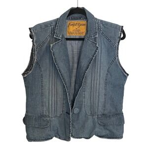 Vintage Comfort Denim Womens Blue Cotton Pintuck Pleated Frayed Denim Vest Med